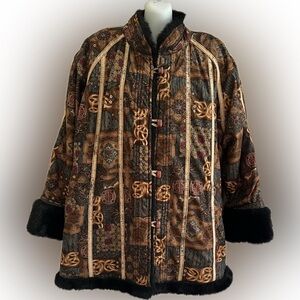 Vintage Sam Myung Tapestry Coat Faux Fur Trim – Large – Made in Korea Size L